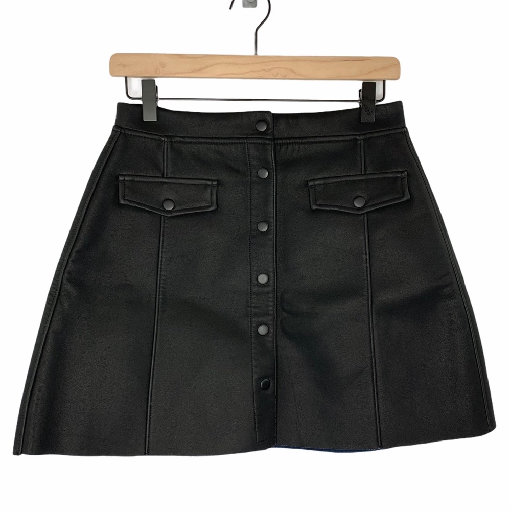 H&M Faux Leather Mini Skirt Button Front Raw Hem Vegan